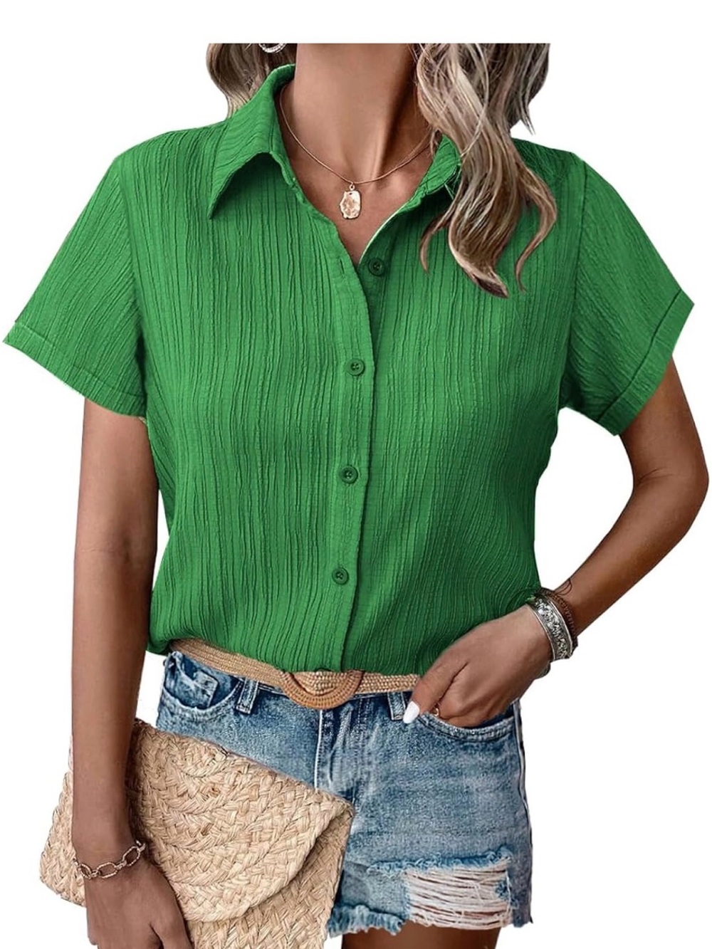 Women’s Green Button-Up Short Sleeve Top